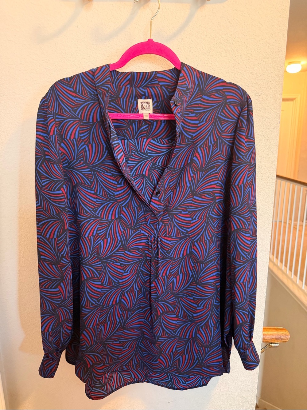 Anne Klein Navy Blue Long-Sleeve Shirt with Red and Blue Pattern